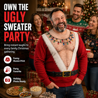 Men’s Hairy Chest Santa Ugly Christmas Sweater – Funny Holiday Party Costume & Contest Showstopper