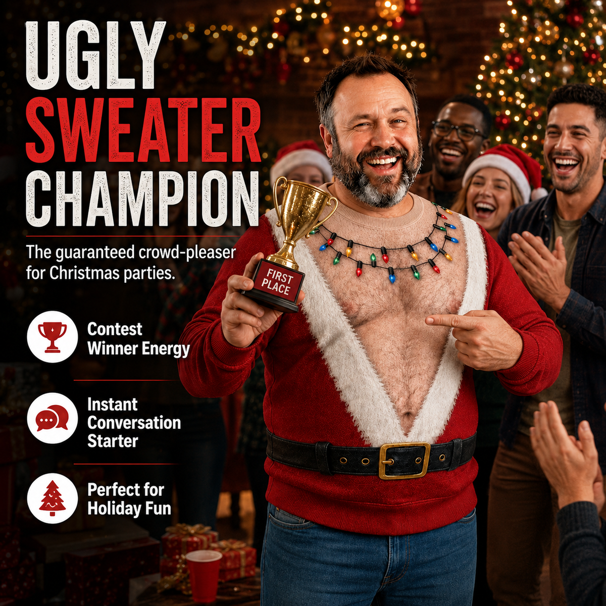 Men’s Hairy Chest Santa Ugly Christmas Sweater – Funny Holiday Party Costume & Contest Showstopper
