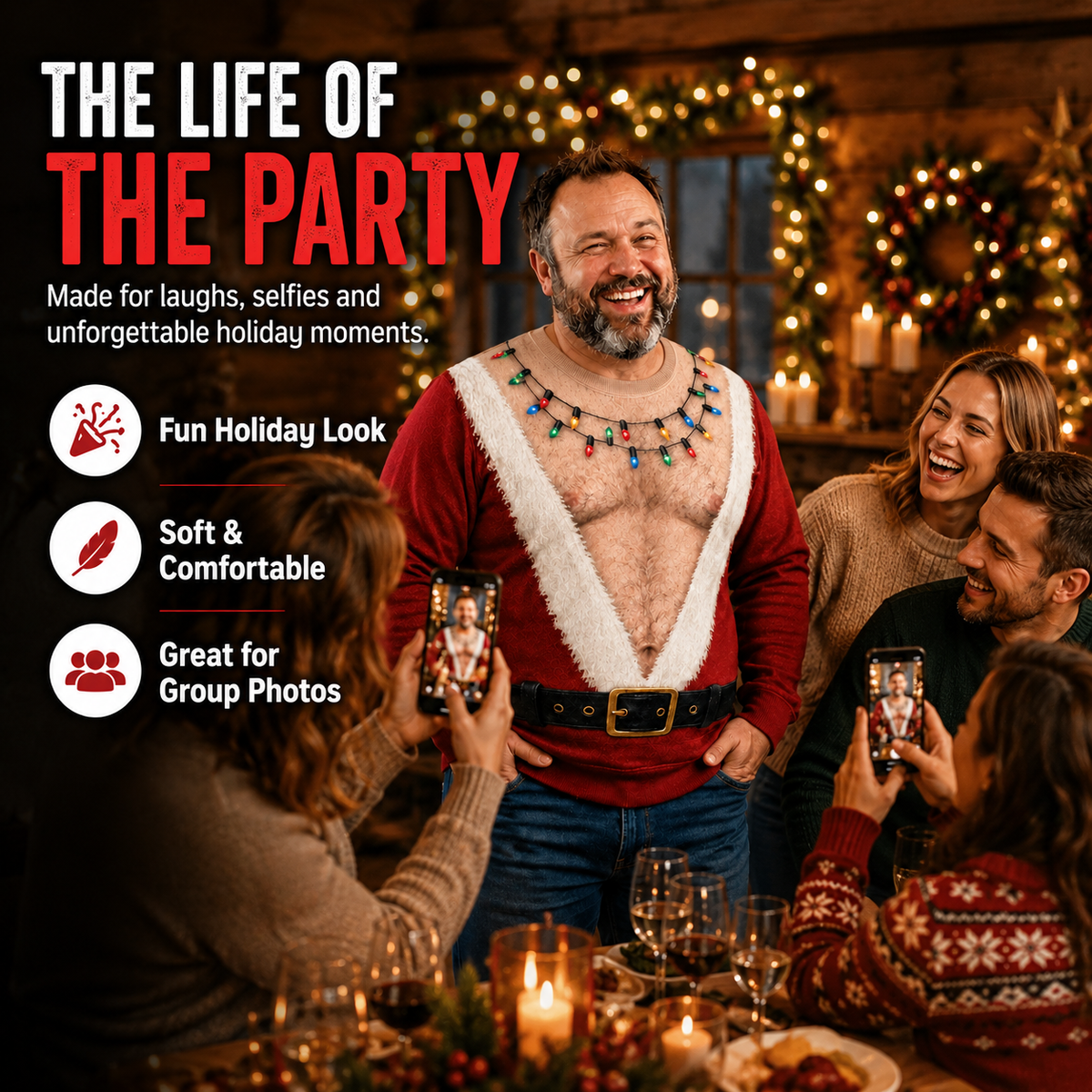 Men’s Hairy Chest Santa Ugly Christmas Sweater – Funny Holiday Party Costume & Contest Showstopper