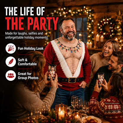 Men’s Hairy Chest Santa Ugly Christmas Sweater – Funny Holiday Party Costume & Contest Showstopper