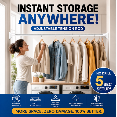 💪 Heavy-Duty No-Drill Tension Rod – Instant Extra Hanging Space
