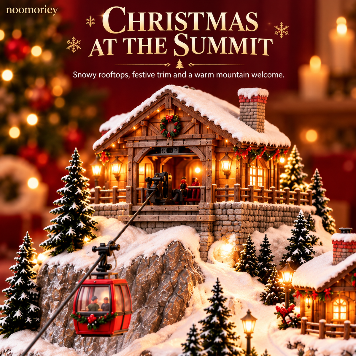 Animated Christmas Mountain Cable Car & Ski Village Scene