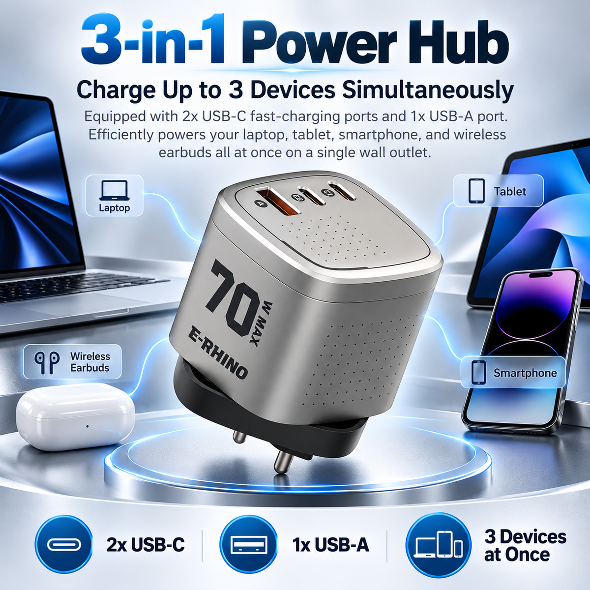 Global Travel Charger (70W, 3-Port, GaN, Integrated Rotary Plug)