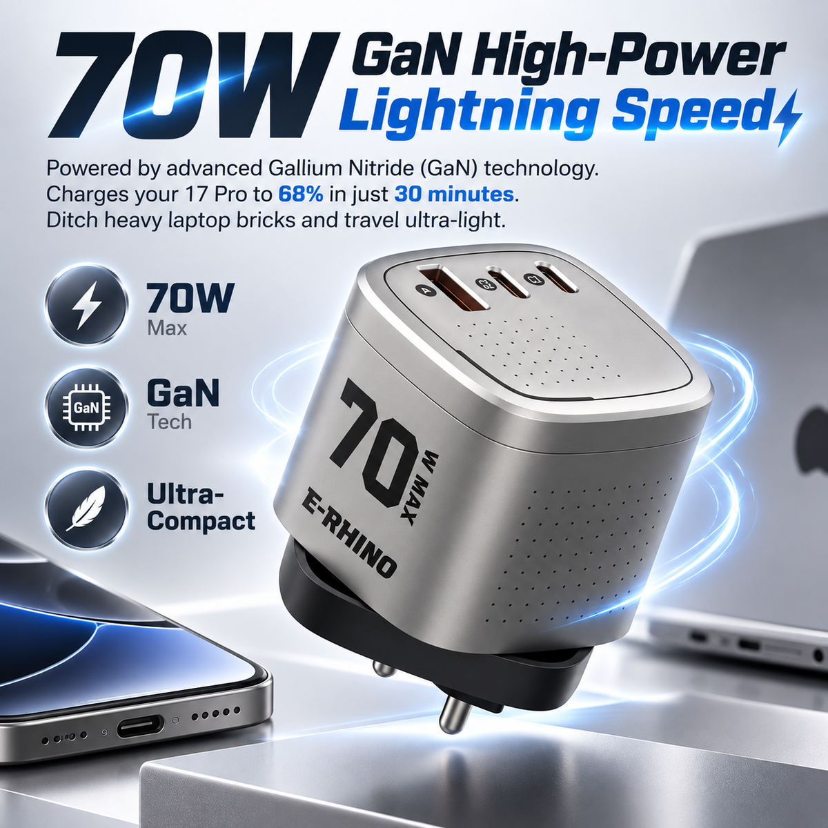 Global Travel Charger (70W, 3-Port, GaN, Integrated Rotary Plug)