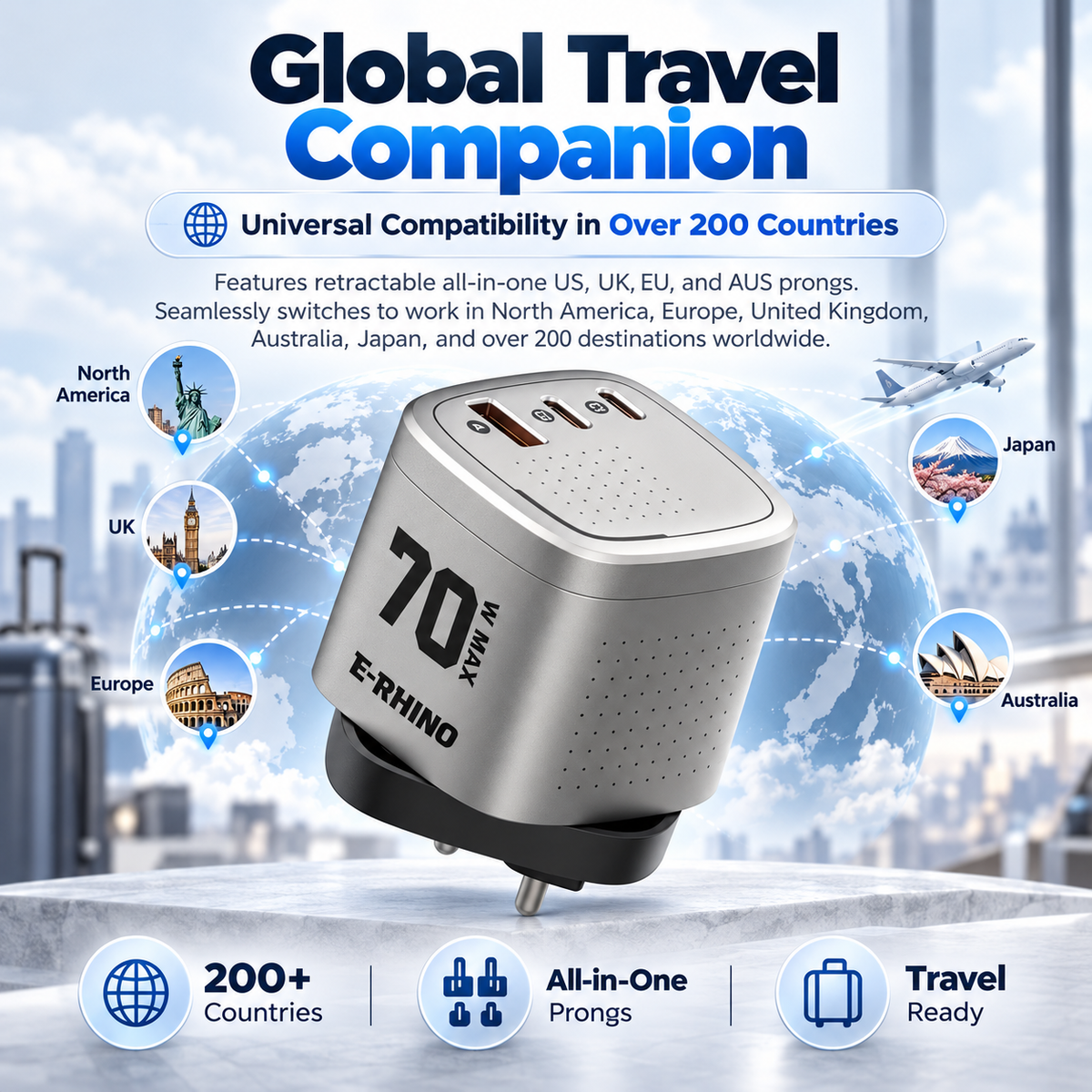 Global Travel Charger (70W, 3-Port, GaN, Integrated Rotary Plug)
