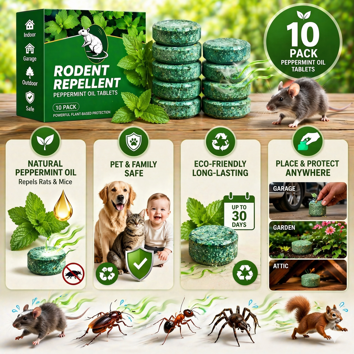 🟢 Natural Peppermint Rodent Repellent Tablets – 12 Pack
