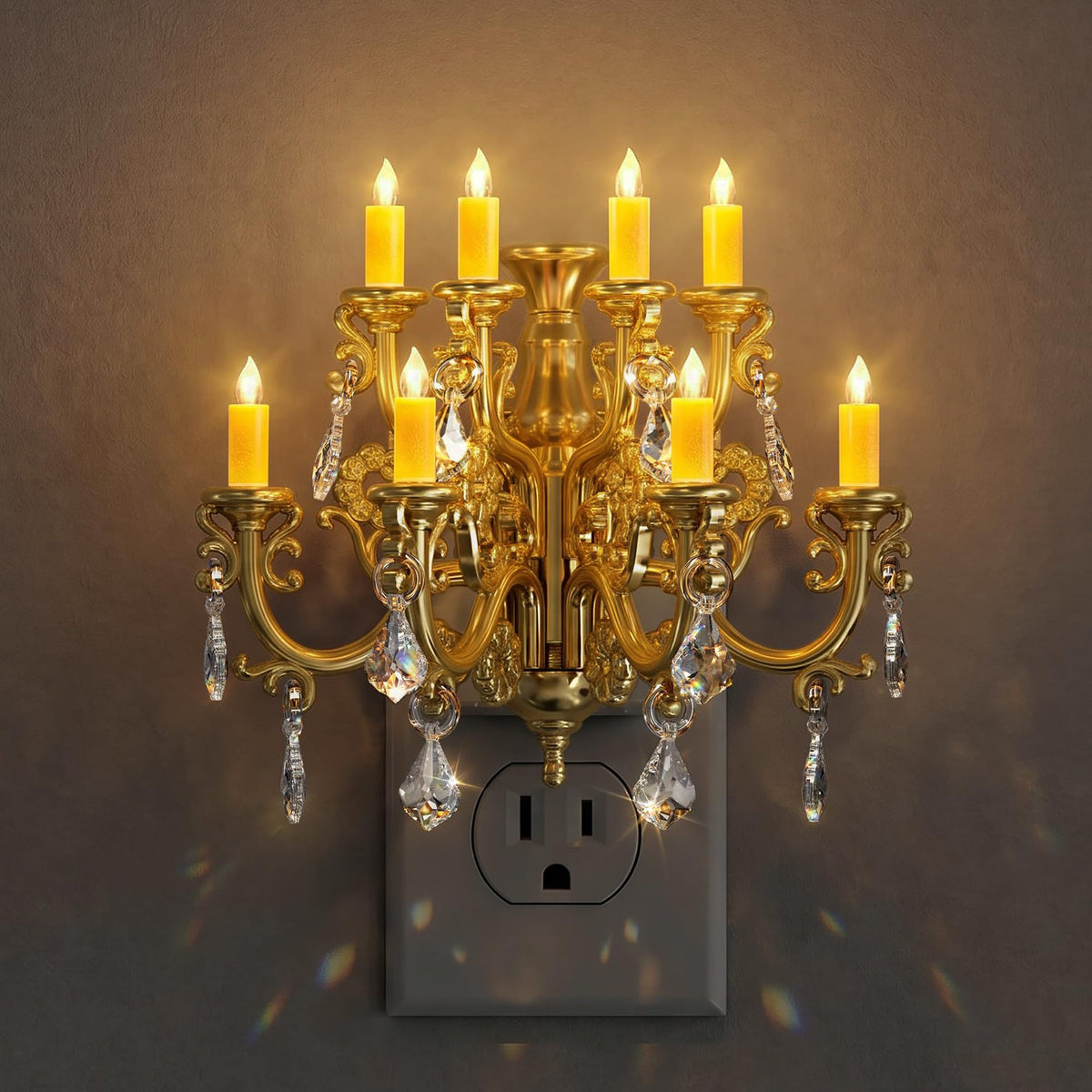 Vintage gold candle night light with warm ambient glow