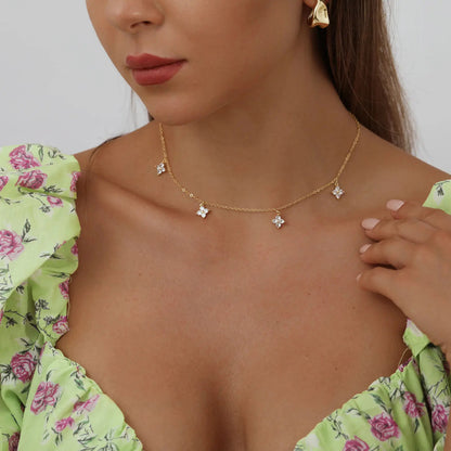 5-Petal Golden Zircon Sparkling CZ Necklace - Trendy Charms Gold & Silver Floral Necklace