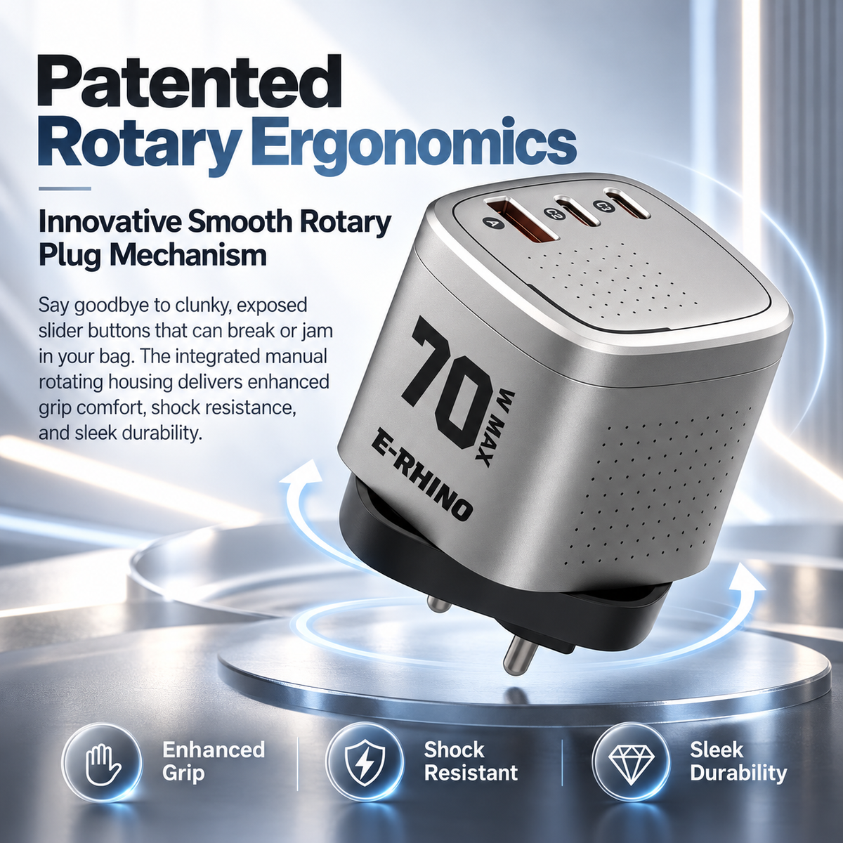 Global Travel Charger (70W, 3-Port, GaN, Integrated Rotary Plug)