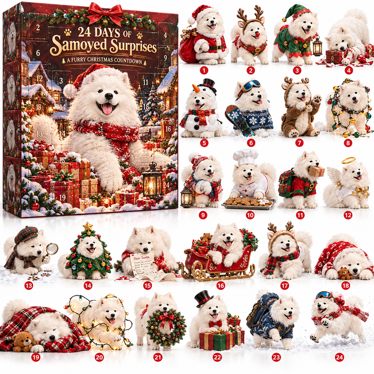 🎄 24-Day Samoyed Christmas Advent Calendar – Festive Dog Collectibles & Daily Holiday Surprises