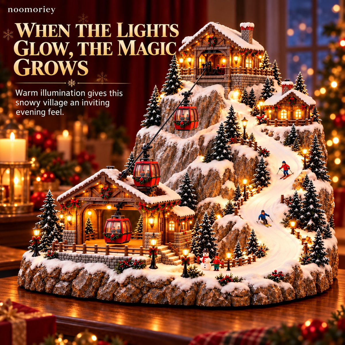 Animated Christmas Mountain Cable Car & Ski Village Scene