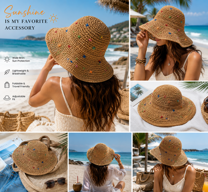Colorful Rafia Wide Brim Straw Sun Hat
