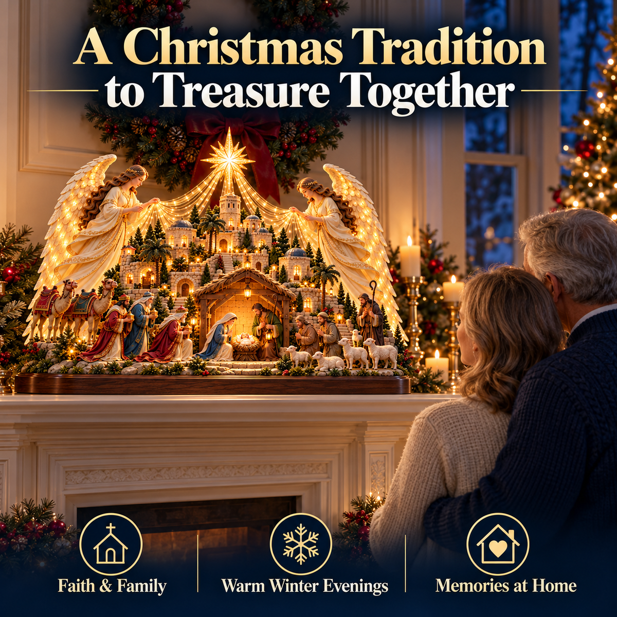 🎄✨ Angels Over Bethlehem™ – Lighted 3D Nativity Mantel Centerpiece with Angel Wings & Star