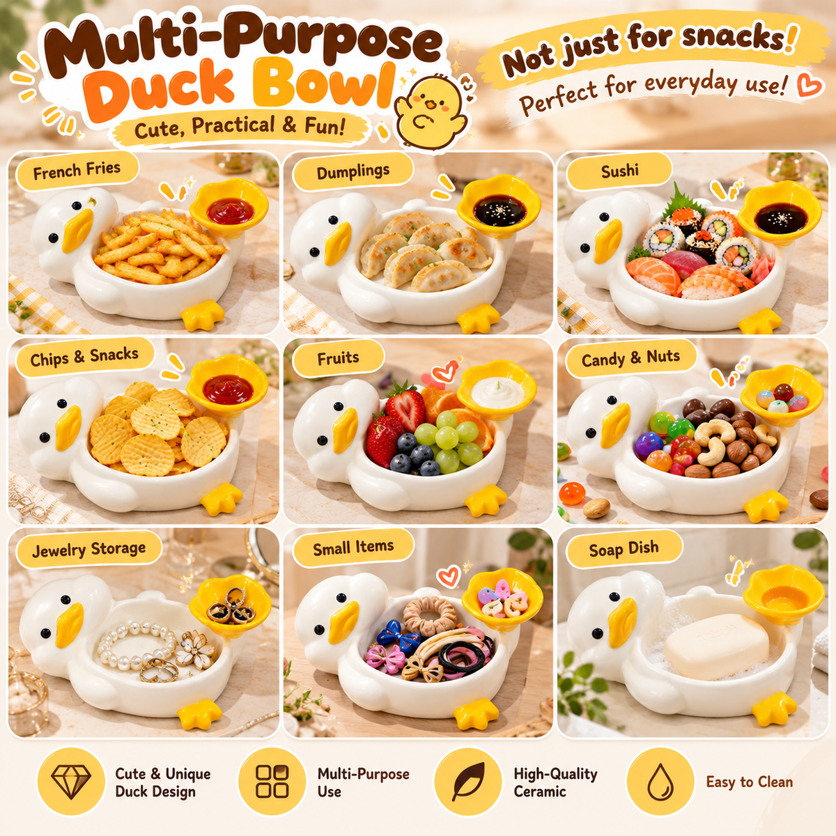 🐤✨ 2-in-1 Cute Duck Snack & Dip Bowl – Multi-Purpose Dish