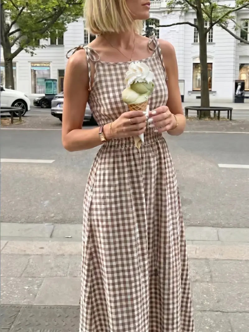 Women's Plaid Tie-Shoulder Maxi Dress | Sleeveless Elastic Summer Casual Dress