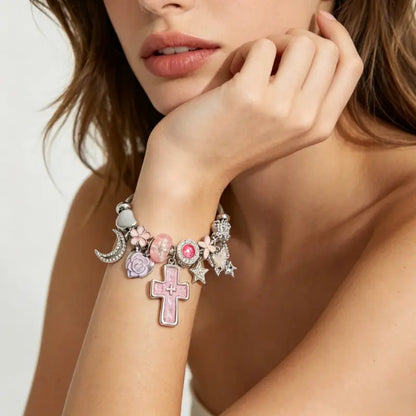 Pink Cross Charm Adjustable Cuff Bangle