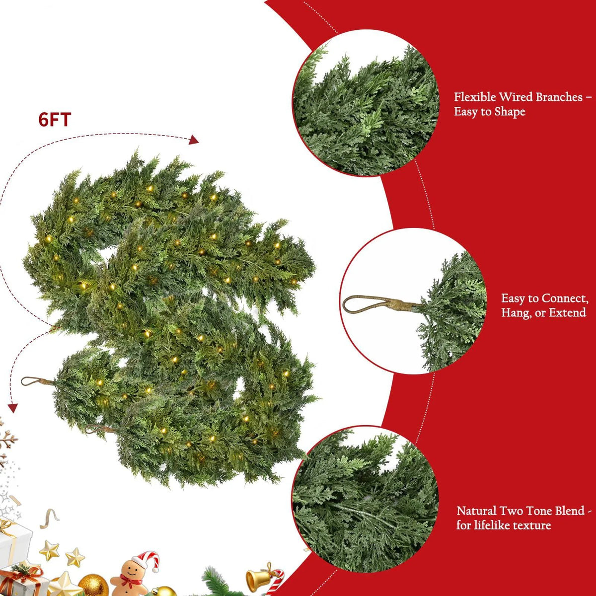 6 FT Artificial Cedar Garland – Realistic Winter Greenery