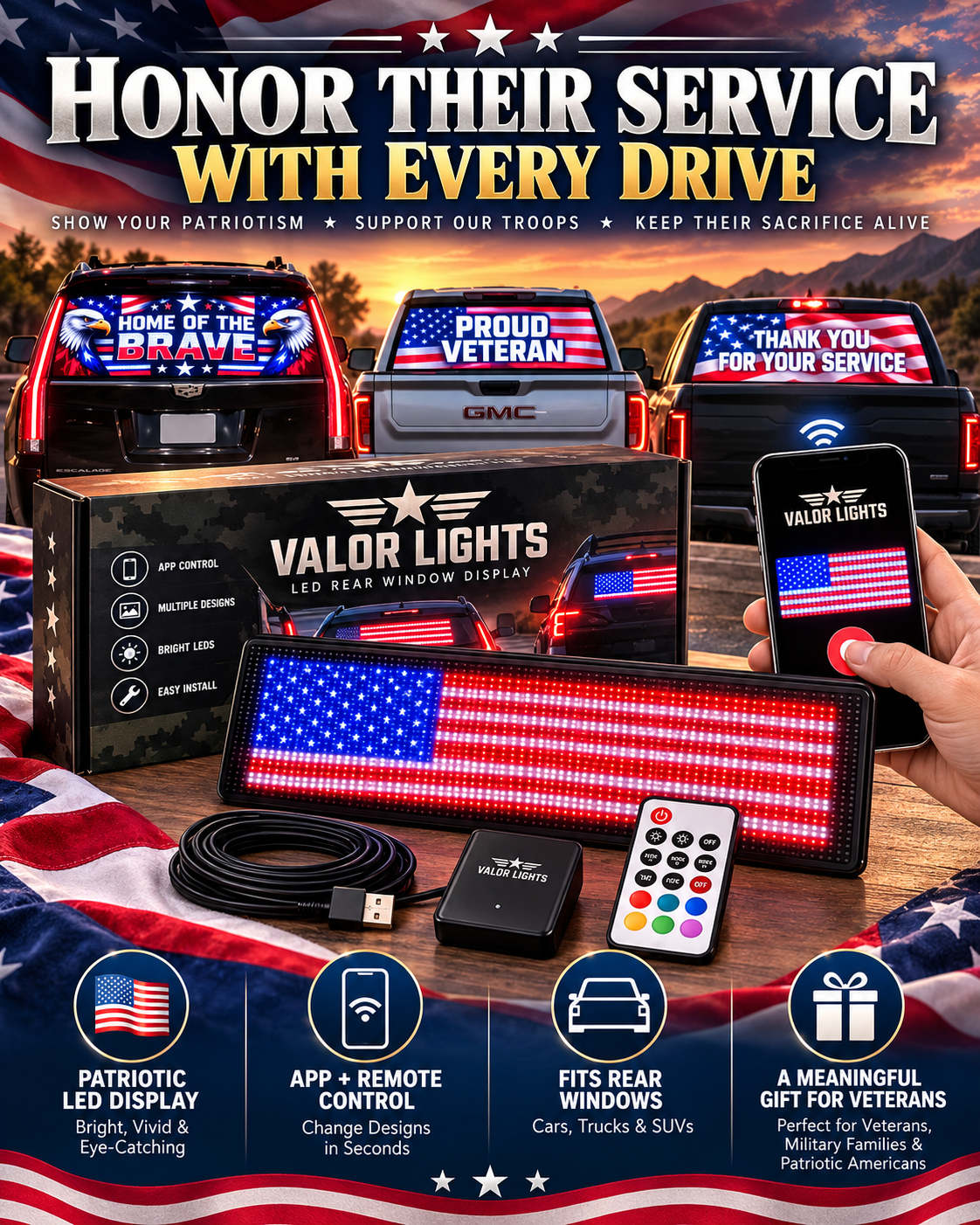 🎁 Patriotic LED Car Display – A Meaningful Gift for Veterans🚙