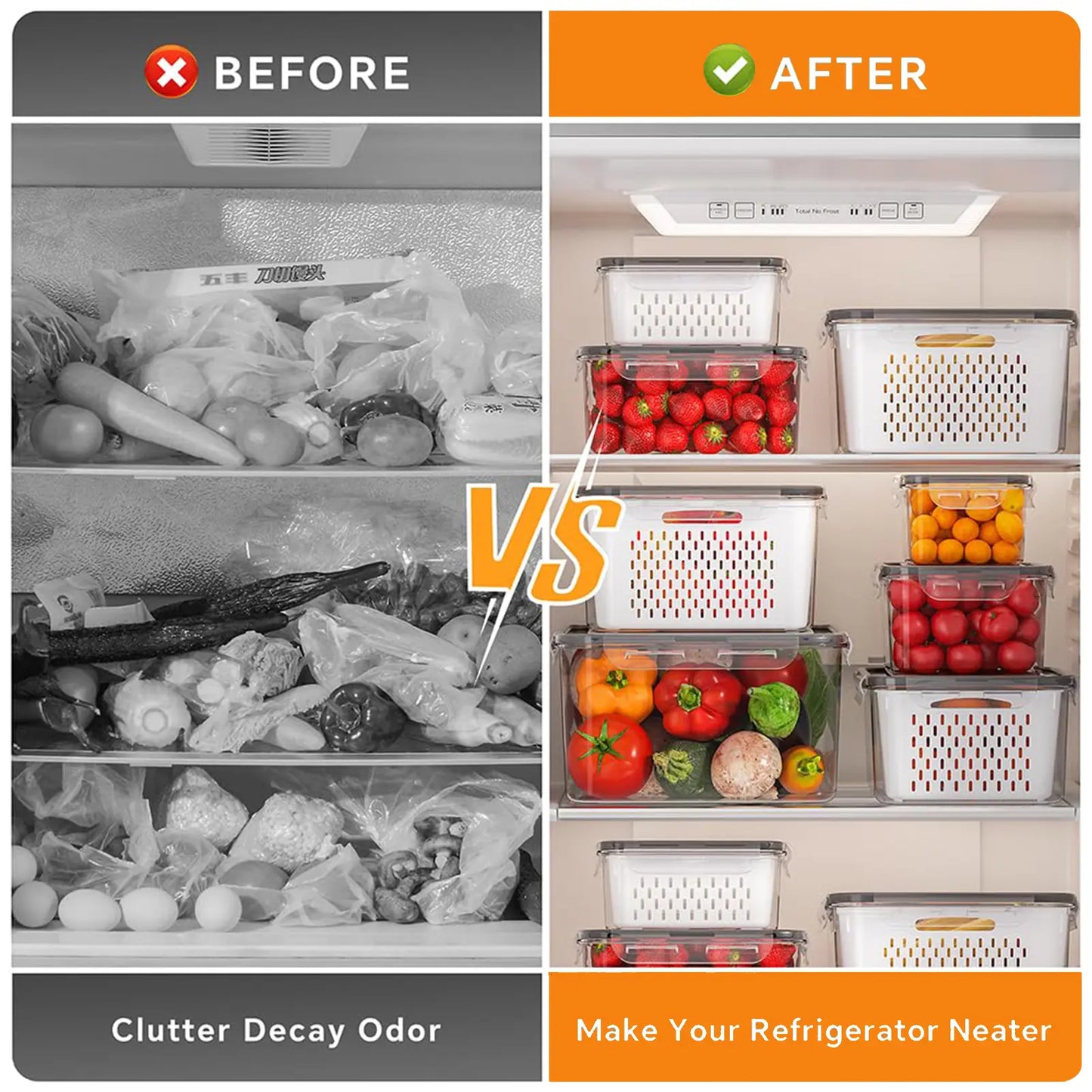 Fridge Organizers and Storage - Stackable Fruit Storage Containers for Fridge with Removable Colander, BPA-Free Food Storage Container for Salad Berry Lettuce Vegetables Meat Keeper Fresh