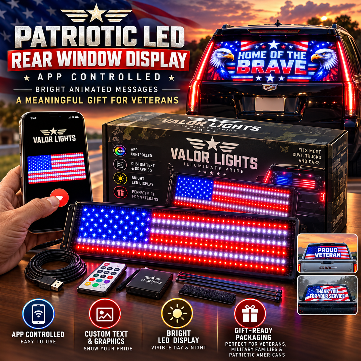 🎁 Patriotic LED Car Display – A Meaningful Gift for Veterans🚙
