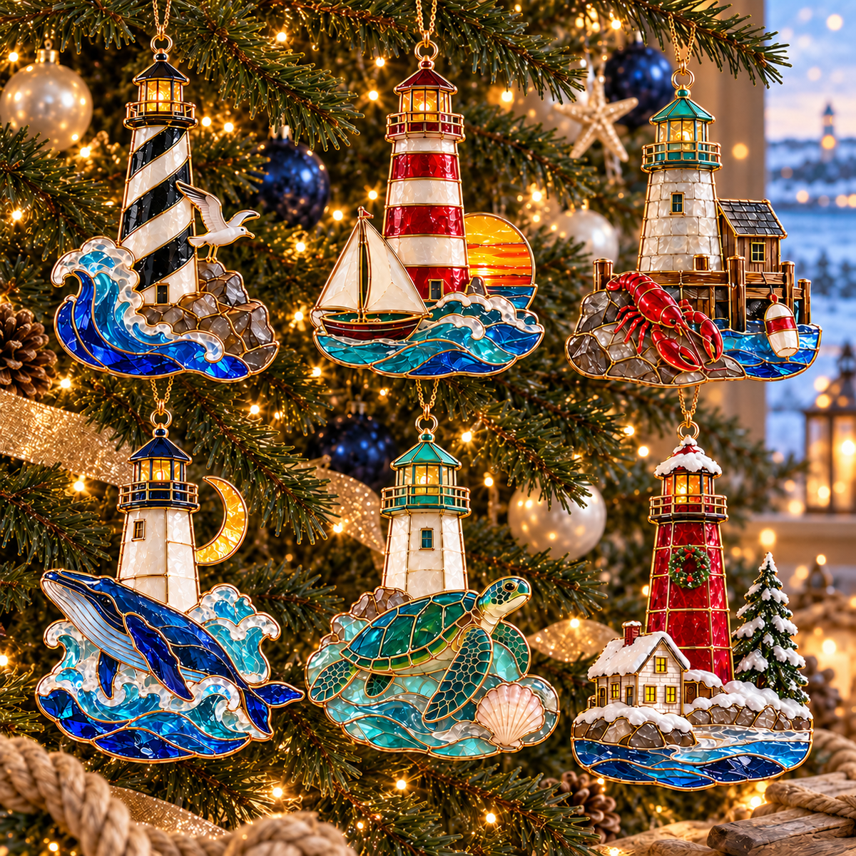 Coastal Lighthouse Christmas Ornaments – Vintage Stained Glass Style, Set of 6