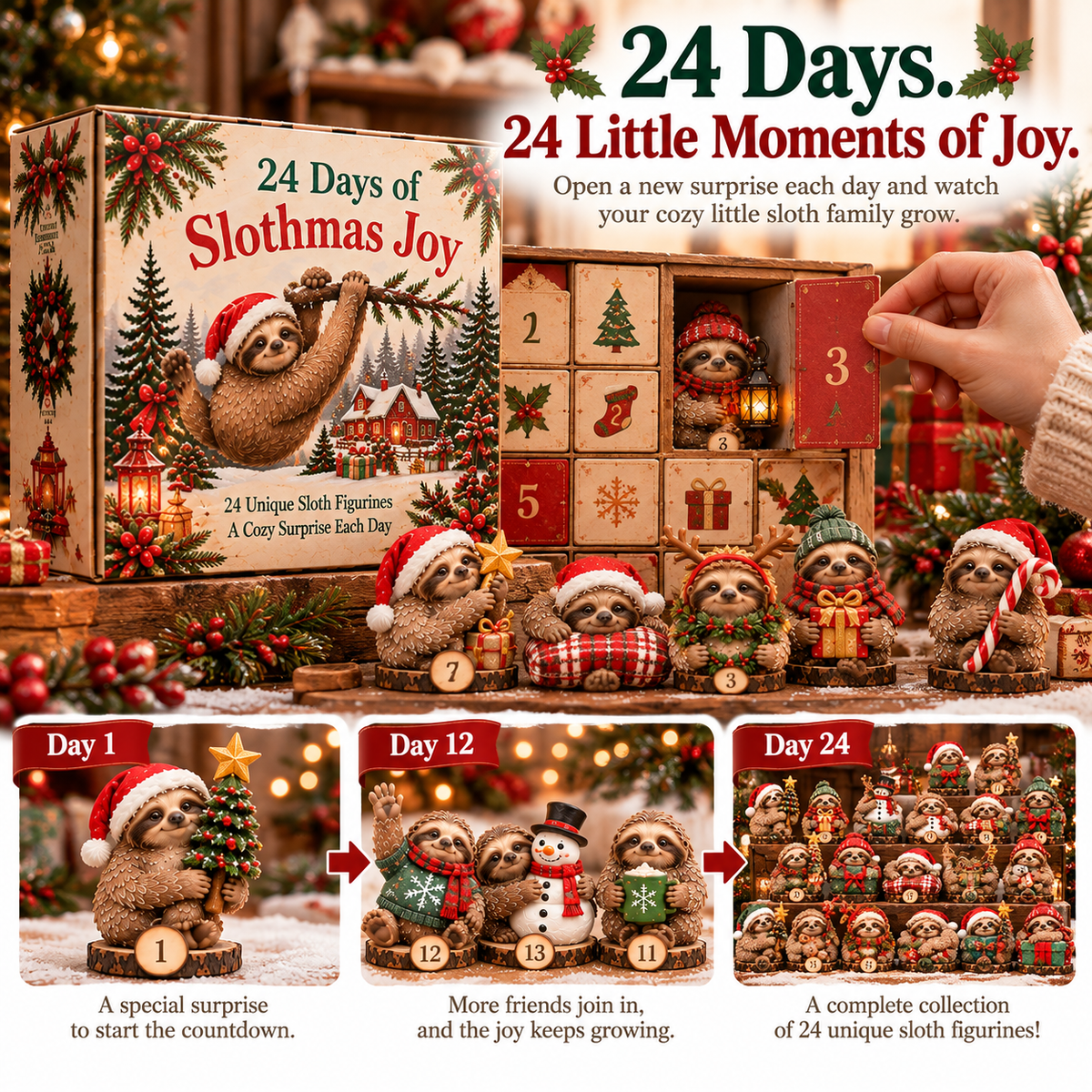 🦥🎄 24 Days of Slothmas Joy – Christmas Advent Calendar with 24 Unique Sloth Figurines 🎁❤️