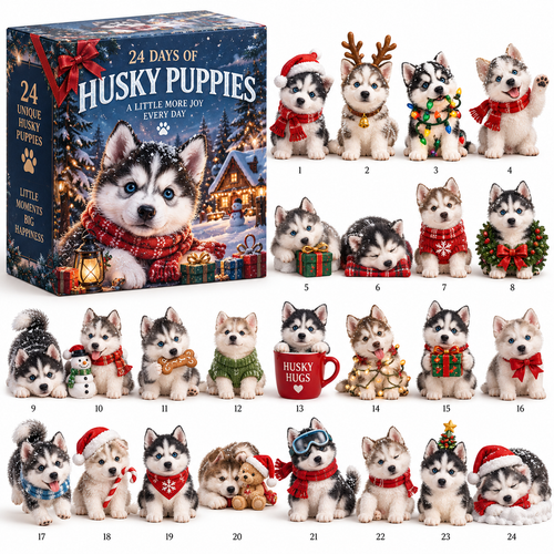 🐺 24 Days of Husky Puppies Advent Calendar – 24 Unique Realistic Siberian Husky Figurines, Christmas Gift for Husky Lovers