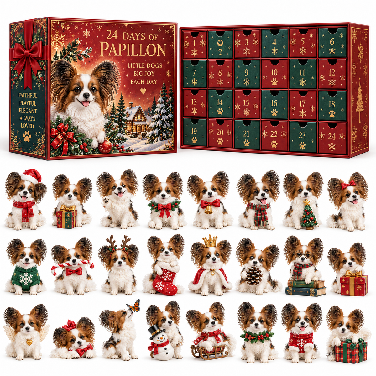 24 Days of Papillon – Christmas Advent Calendar with 24 Unique Collectible Dog Figurines