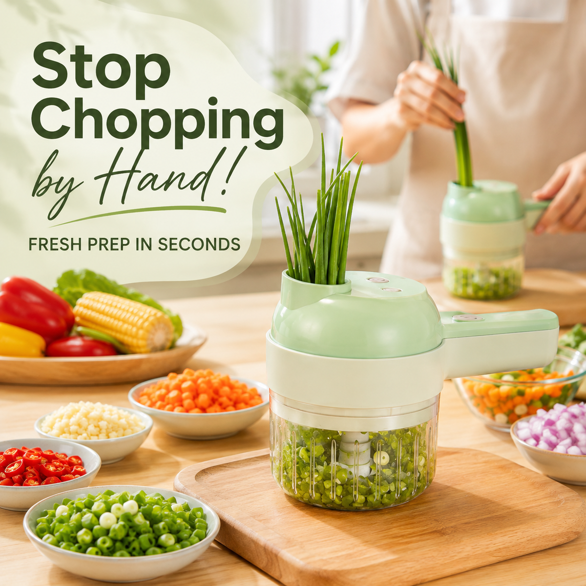 🧄 🌶️4-in-1 Handheld Electric Chopper: Slice, Mince, Peel & Auto-Clean!