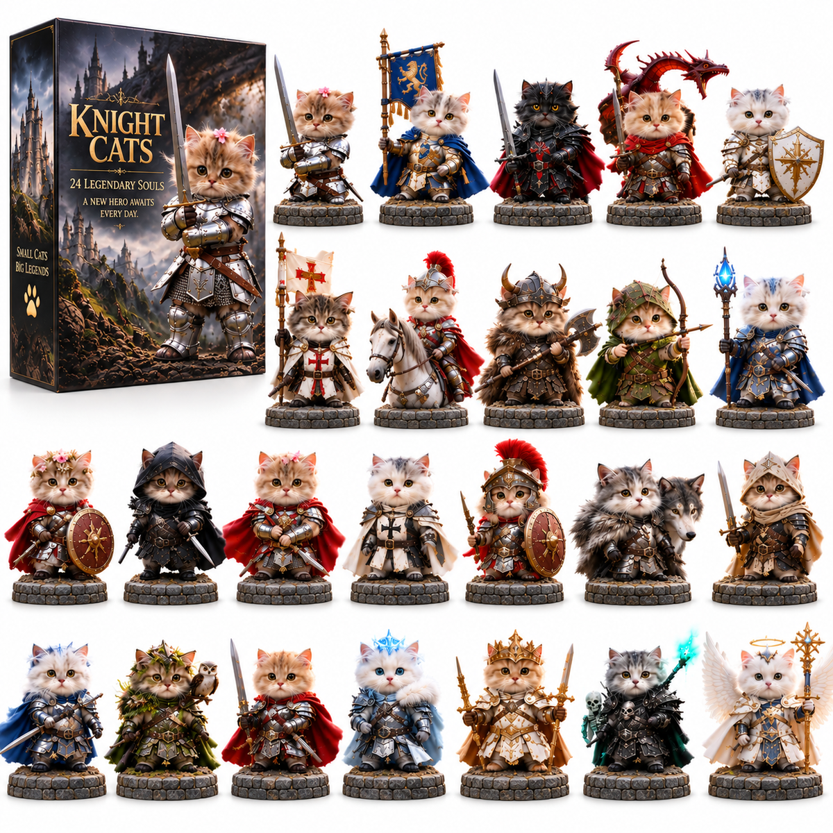 24 Days of Knight Cats – 24 Legendary Fantasy Cat Figurines | Christmas Countdown Collectible Gift Set