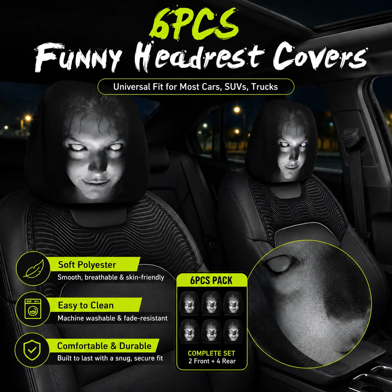 🔥Halloween Scary Face Car Headrest Covers (2-Pack) 🚗