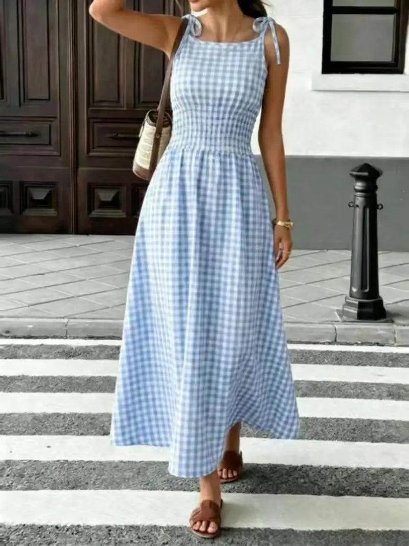 Women's Plaid Tie-Shoulder Maxi Dress | Sleeveless Elastic Summer Casual Dress