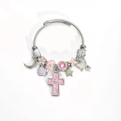 Pink Cross Charm Adjustable Cuff Bangle