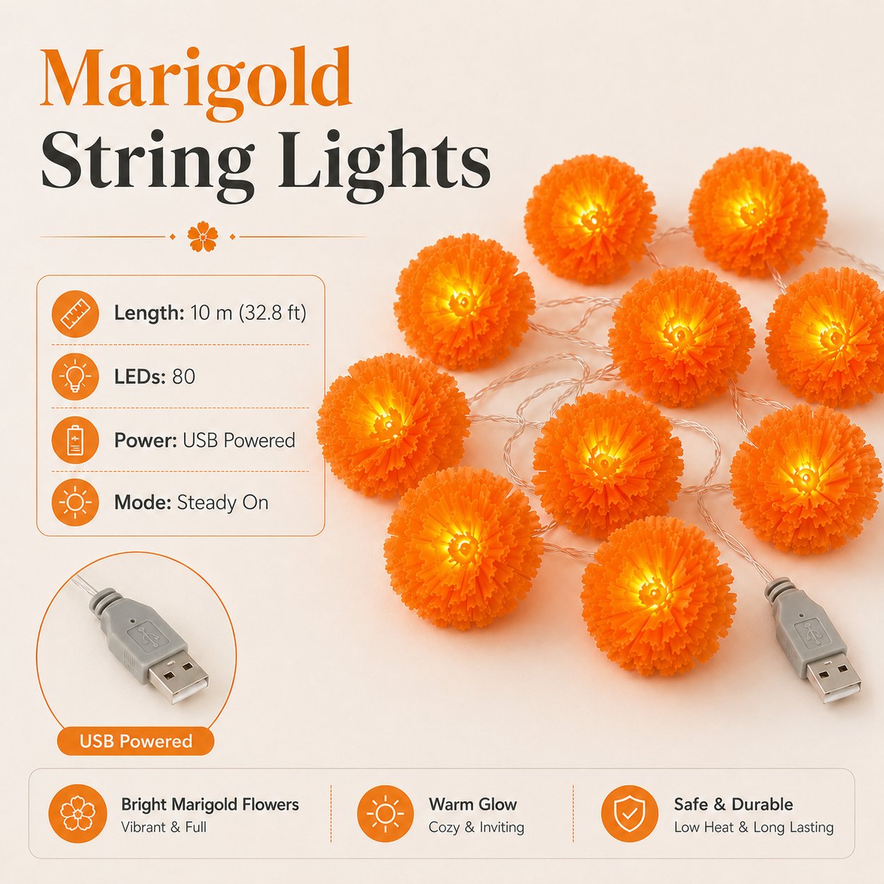 🎃🌼 Halloween Marigold LED Fairy String Lights