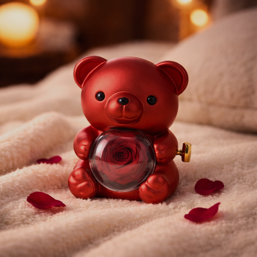 Preserved Rose Teddy Bear Gift Box with Heart Necklace