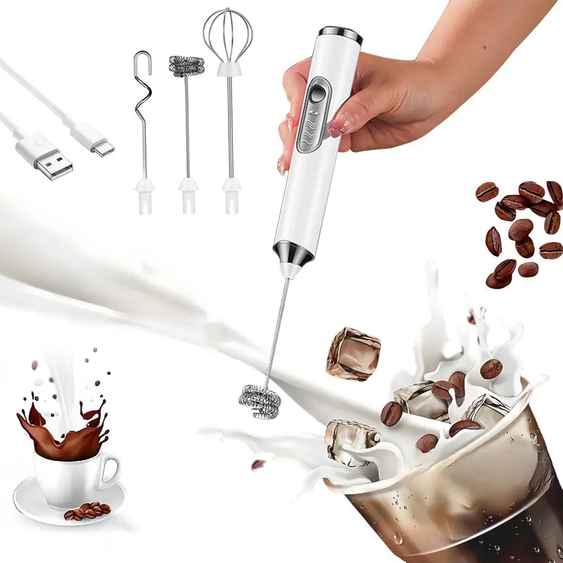 Rechargeable Milk Frother Handheld with 3 Heads 3 Speeds