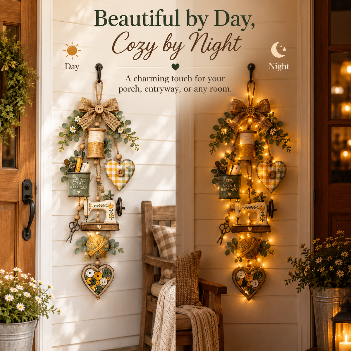 🧵✨ Lighted Sewing Room Hanging Decor – Rustic Farmhouse Craft Lover Wall Ornament
