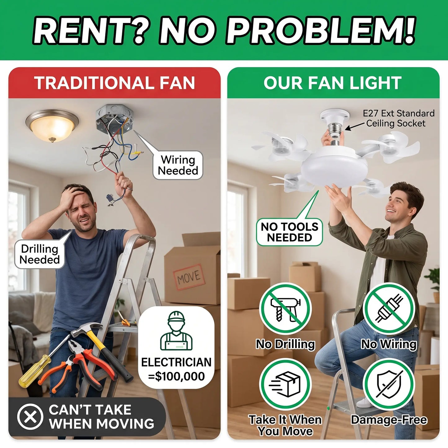 ❄️LAST DAY-50% OFF💡 2-in-1 Ceiling Fan Light 🔧No Wiring • No Tools • Just Screw It In