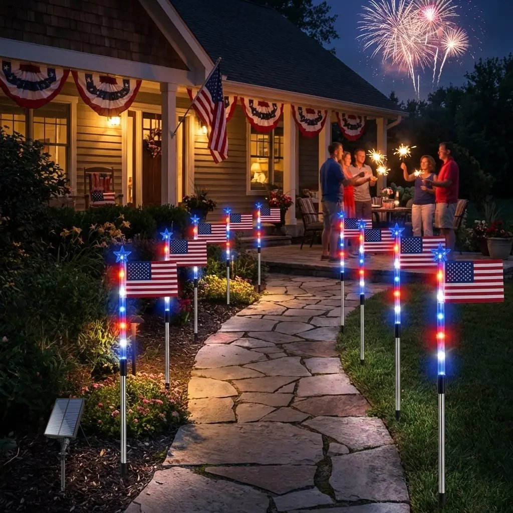 8-Piece American Flag Solar Pathway Lights - LED Patriotic Stakes with 8 Lighting Modes -Waterproof Garden Decor for 4th of July & Memorial Day