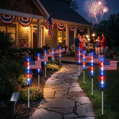8-Piece American Flag Solar Pathway Lights - LED Patriotic Stakes with 8 Lighting Modes -Waterproof Garden Decor for 4th of July & Memorial Day
