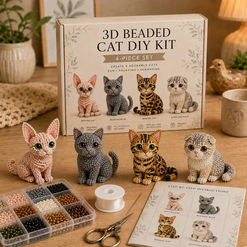 3D Beaded Cat DIY Kit – Adorable 4-Piece Handmade Cat Craft Set