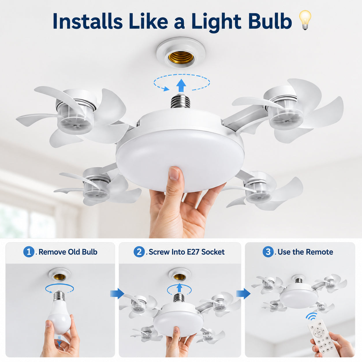 ❄️50% OFF TODAY💡 2-in-1 Ceiling Fan Light 🔧No Wiring • No Tools • Just Screw It In
