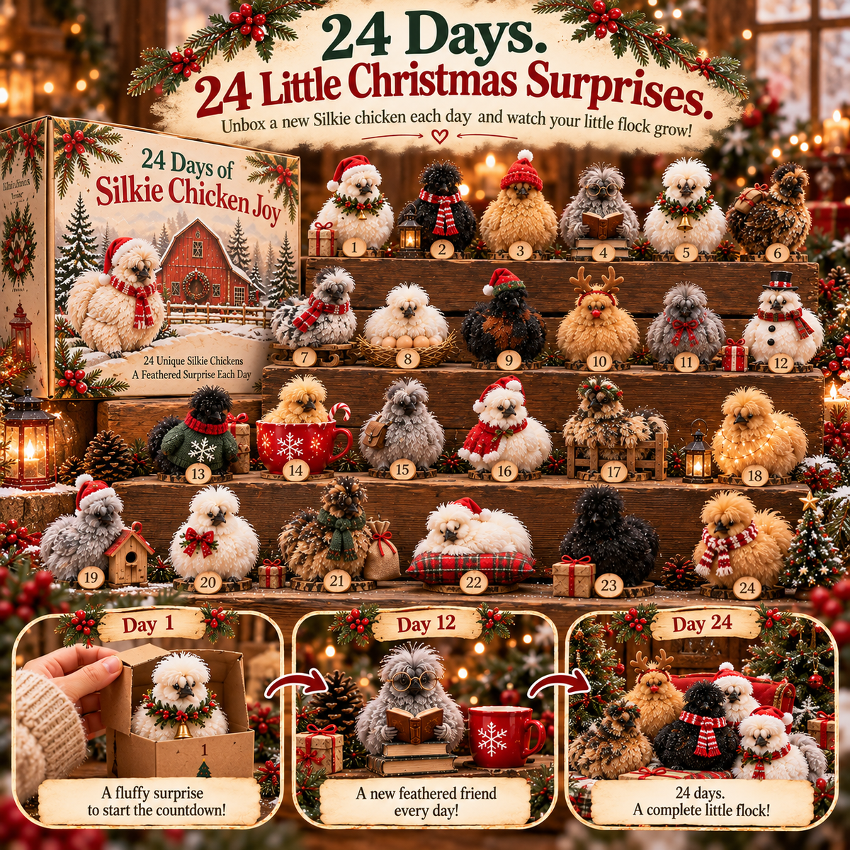 🐔🎄 24 Days of Silkie Chicken Joy – Christmas Advent Calendar with 24 Unique Figurines 🎁❤️