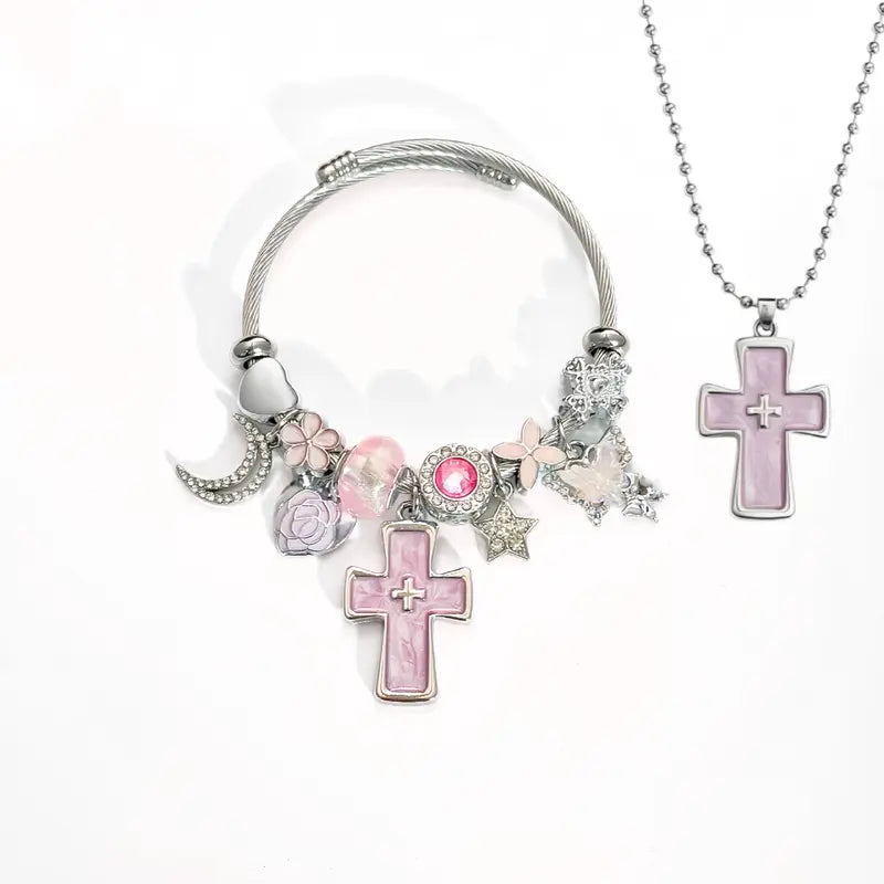 Pink Cross Charm Adjustable Cuff Bangle