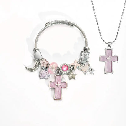 Pink Cross Charm Adjustable Cuff Bangle