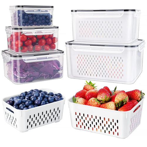 Fridge Organizers and Storage - Stackable Fruit Storage Containers for Fridge with Removable Colander, BPA-Free Food Storage Container for Salad Berry Lettuce Vegetables Meat Keeper Fresh