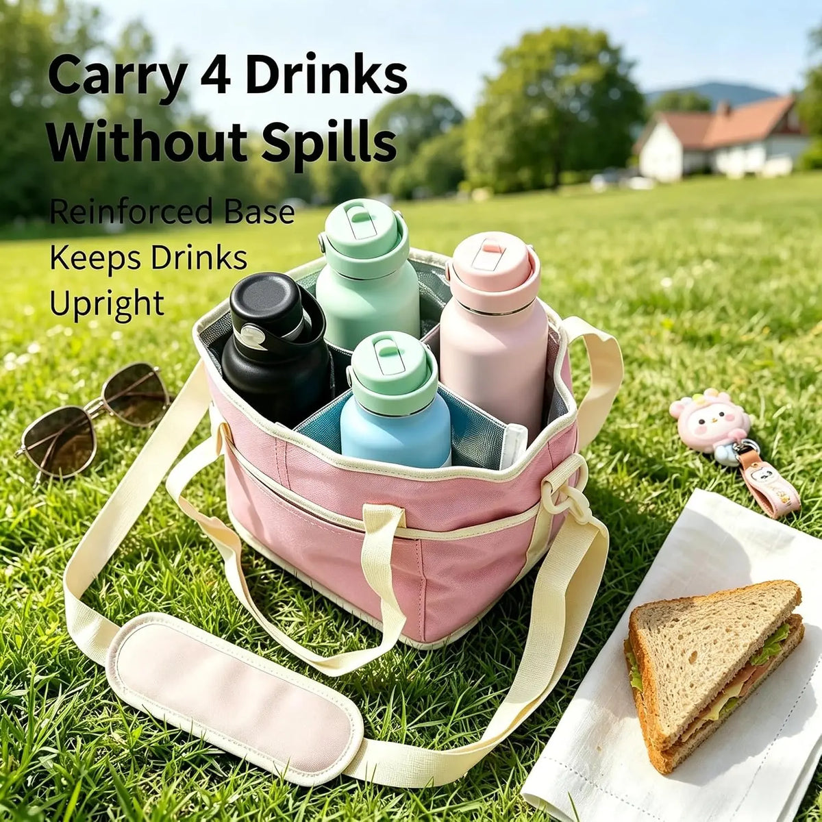 Drink Carrier Bag for 4 Cups with Adjustable Strap