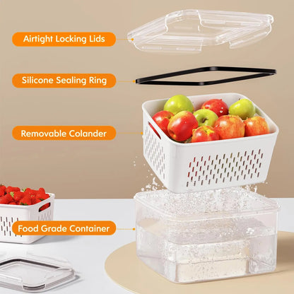 Fridge Organizers and Storage - Stackable Fruit Storage Containers for Fridge with Removable Colander, BPA-Free Food Storage Container for Salad Berry Lettuce Vegetables Meat Keeper Fresh