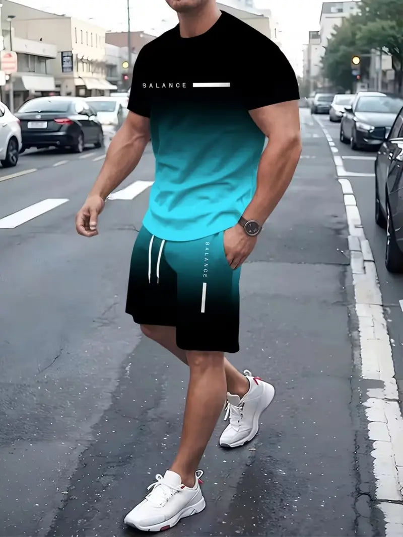 Men’s Gradient Short Sleeve Tracksuit 2-Piece Set