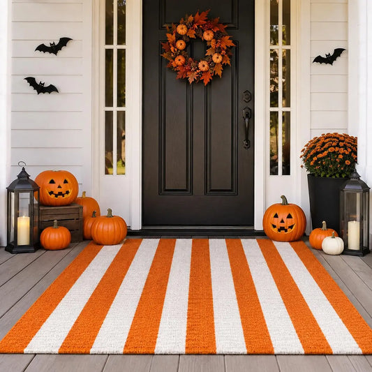 🎃 Fall & Halloween Orange Striped Porch Rug 🍂